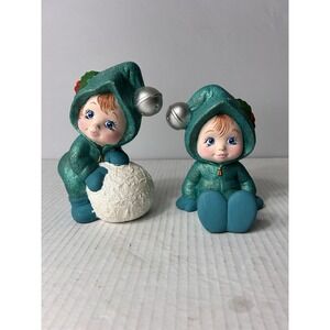 2 Vtg Ceramic Snowbaby Holiday Bundled Up Baby Figure Decor Gift Blue Christmas‎